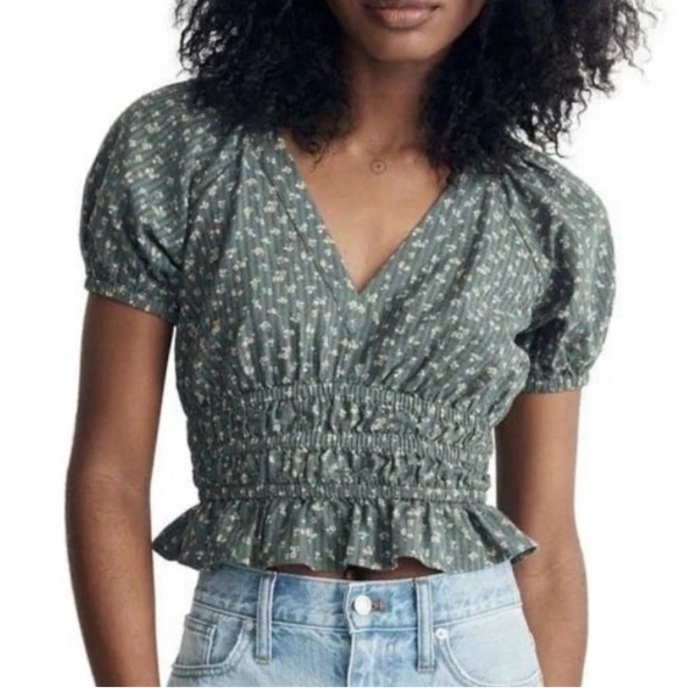⚡️LAST 2 HOURS⚡️Madewell Manon Check Voile Crop Top Architect Green Sz Med NWT